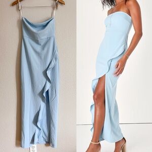 after hours light blue strapless ruffled maxi dress PRETTYGARDEN Womens Summer Strapless Maxi Dresses Ruffle Tube Asymmetr main image 1